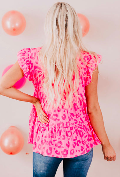 Pink Leopard Print Flutter Sleeve Top