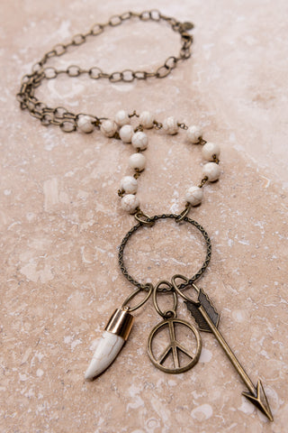 White Stone Beaded Peace Sign Necklace