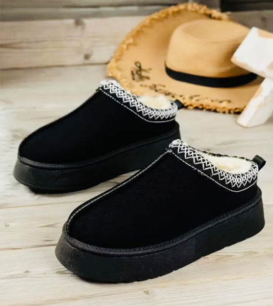 Black Suede Plush Lined Slippers
