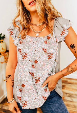 Grey Floral Ruffle Sleeve Blouse
