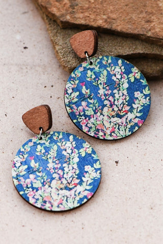 Blue Floral Wood Earrings