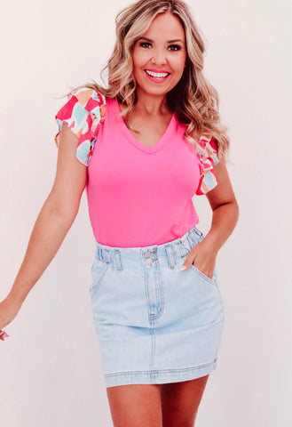 Pink V Neck Ruffle Sleeve Top
