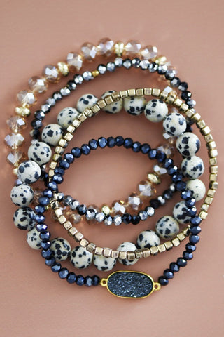 Dalmatian Stone & Crystal Stack Bracelets